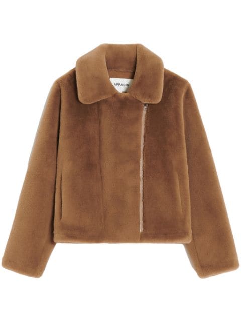 Apparis notch-lapel zippered faux fur jacket