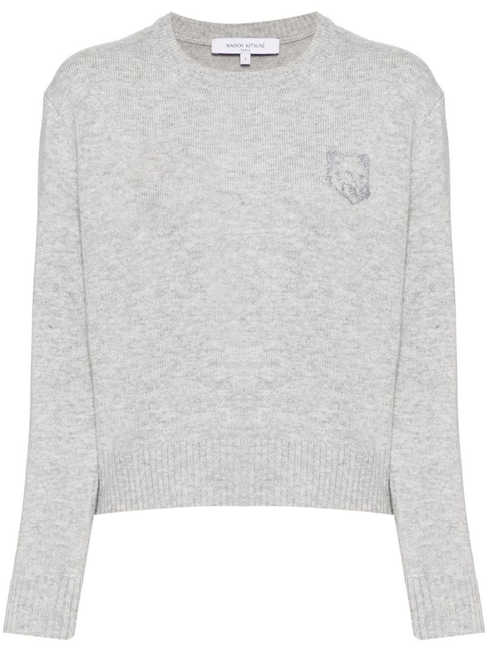 Shop Maison Kitsuné Bold Fox Head Embroidered Cropped Jumper In Grey