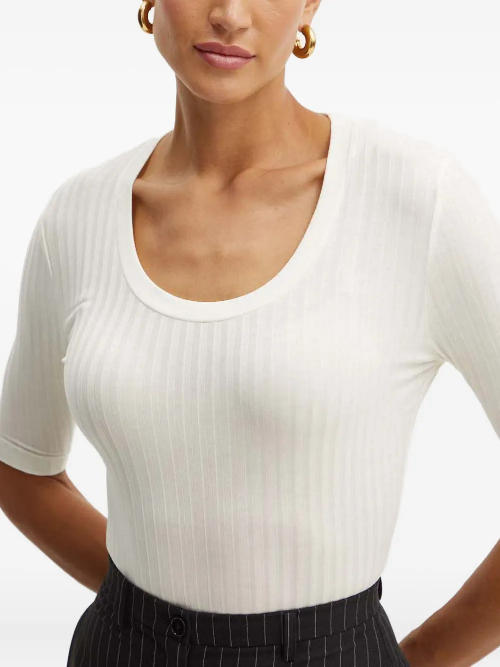 Hugo Boss Square-neck Short-sleeved Sweater In Ribbed Stretch Fabric In White