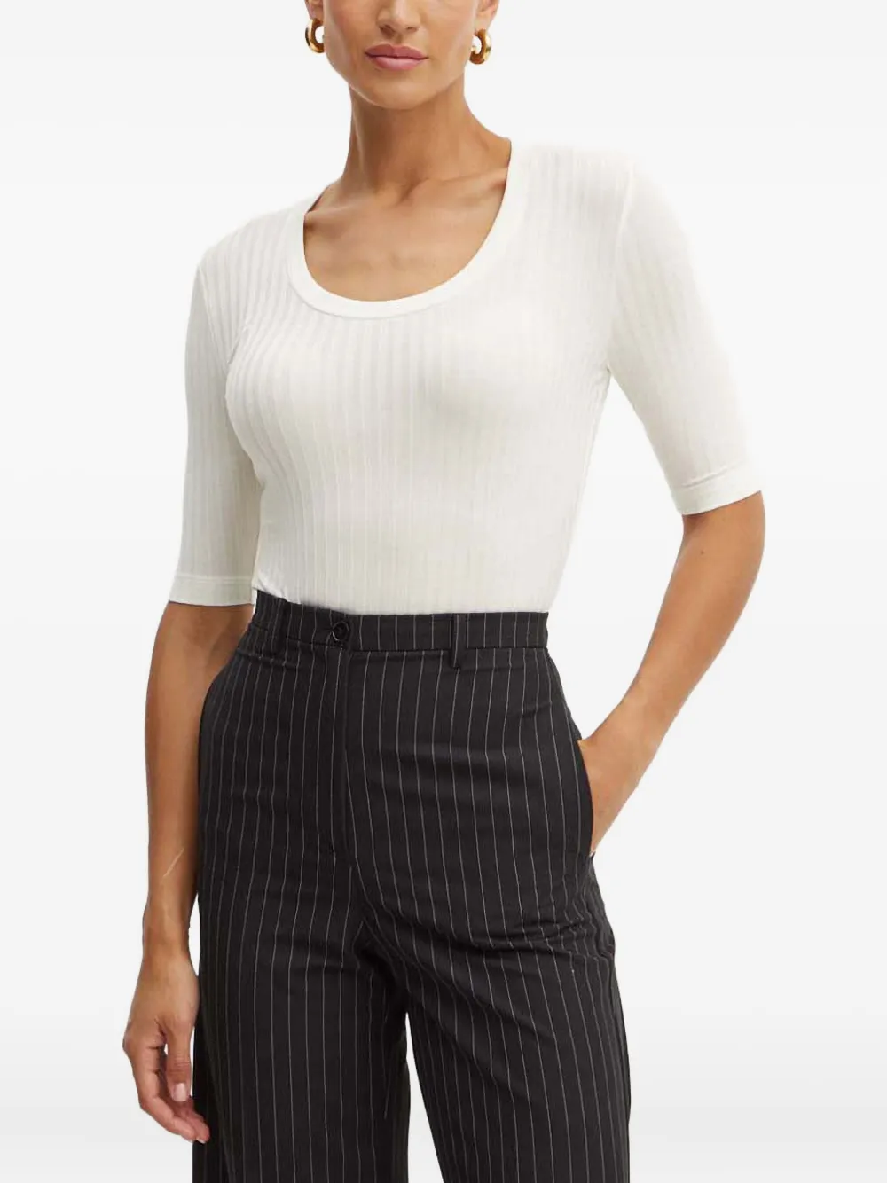Hugo Boss Square-neck Short-sleeved Sweater In Ribbed Stretch Fabric In White