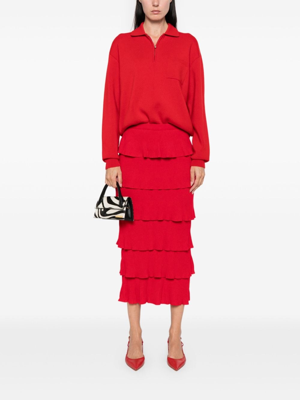 Shop Moschino Tiered Midi Skirt In Red