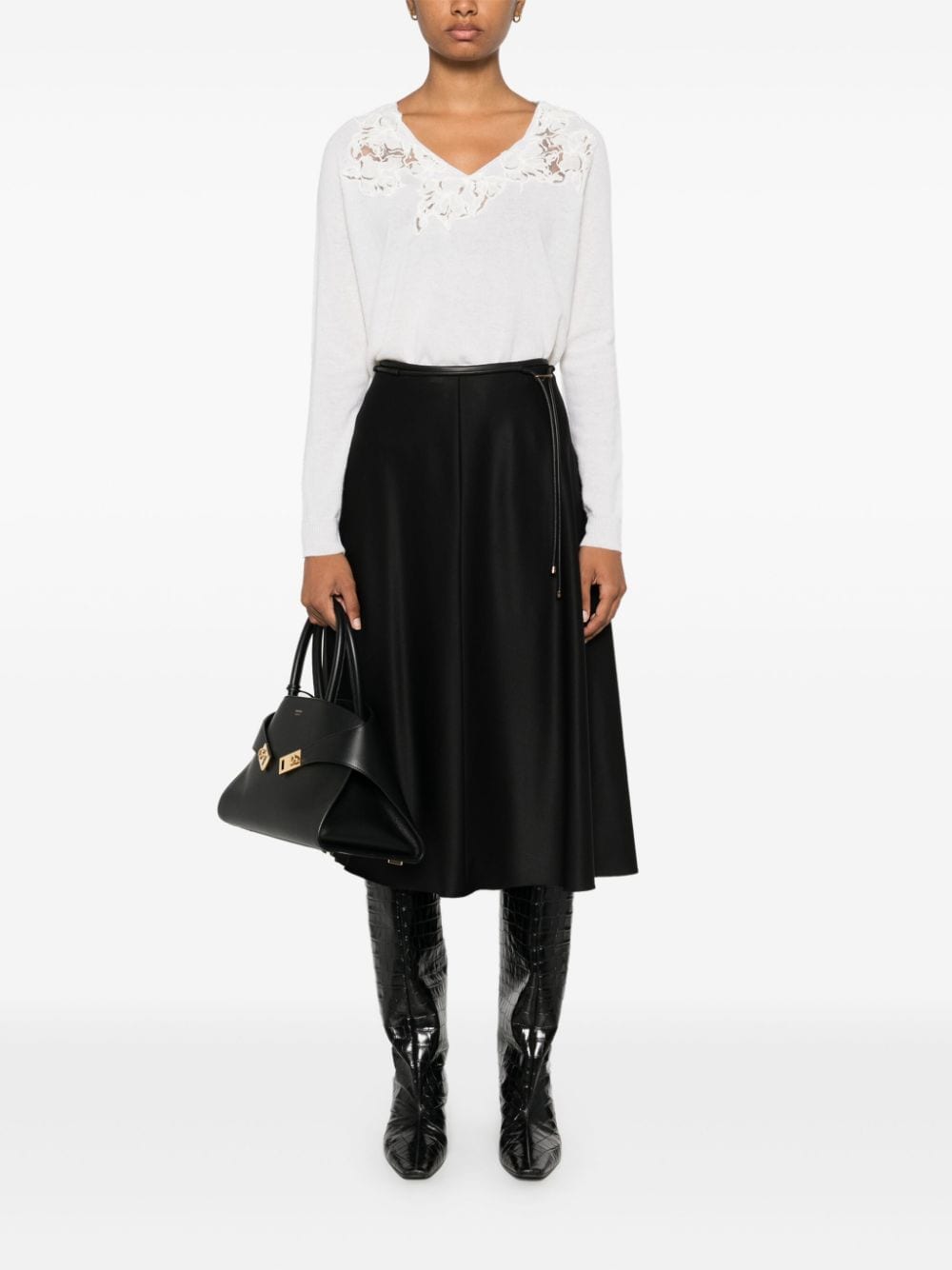 Shop Agnona Belted Midi Skirt In Black