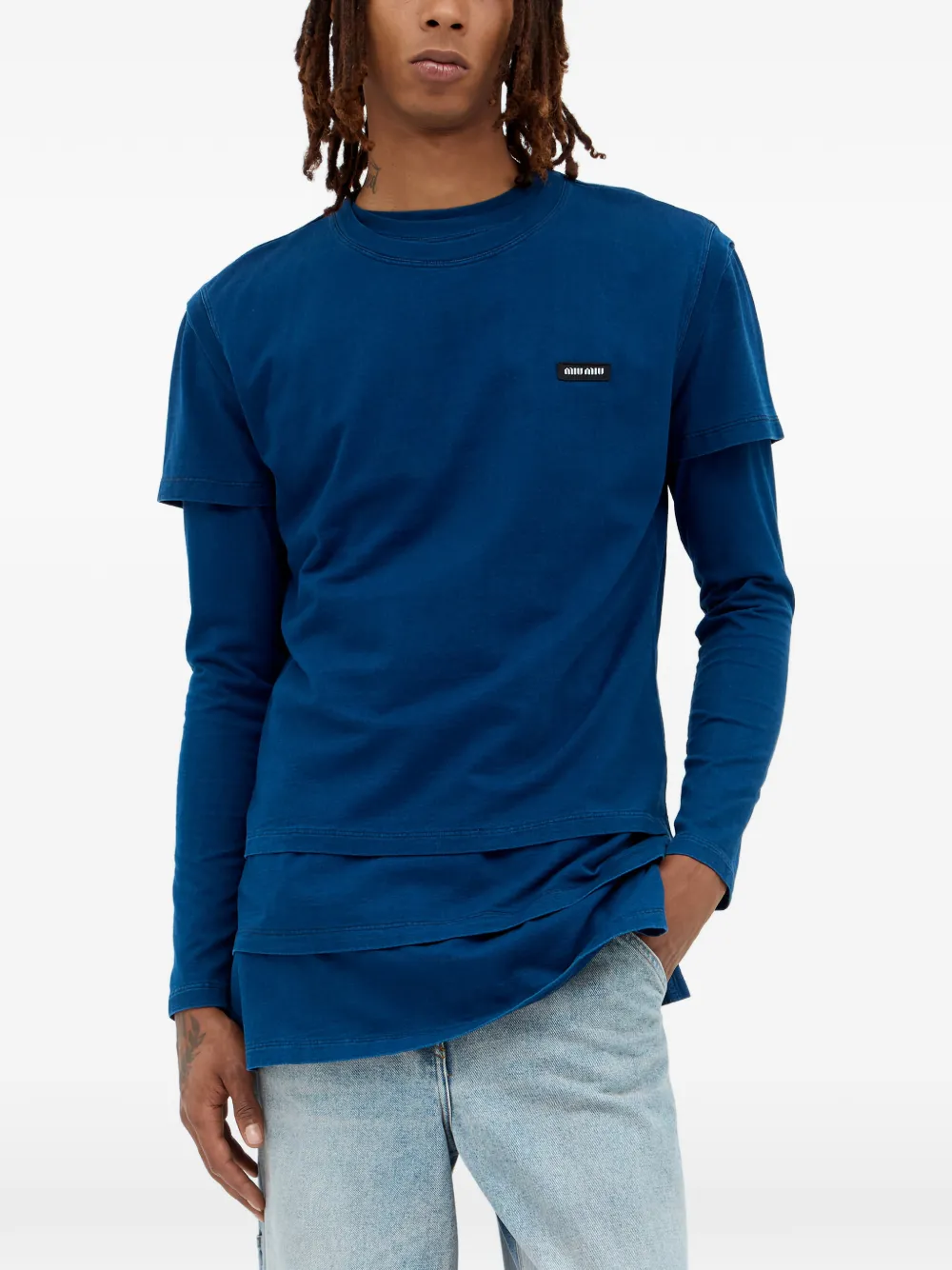 Miu Miu T-shirt in cotone con logo - Blu