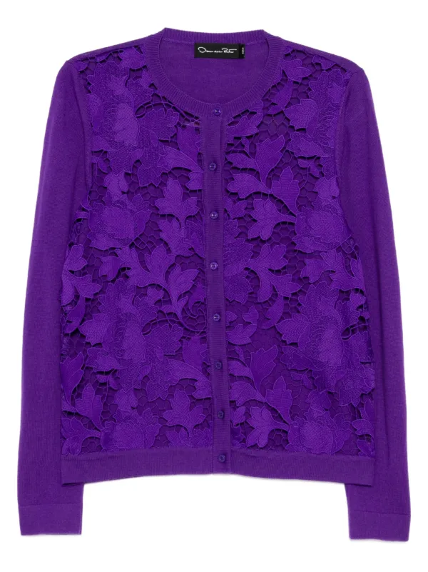 Oscar de la Renta Floral Lace Cardigan in Purple