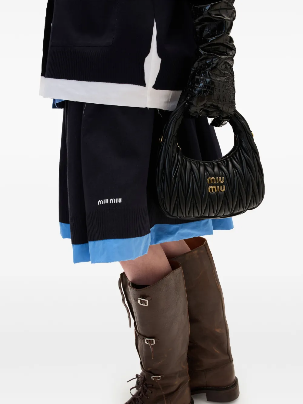 Miu Miu Jacquard Logo Poplin Knit Skirt In Blue