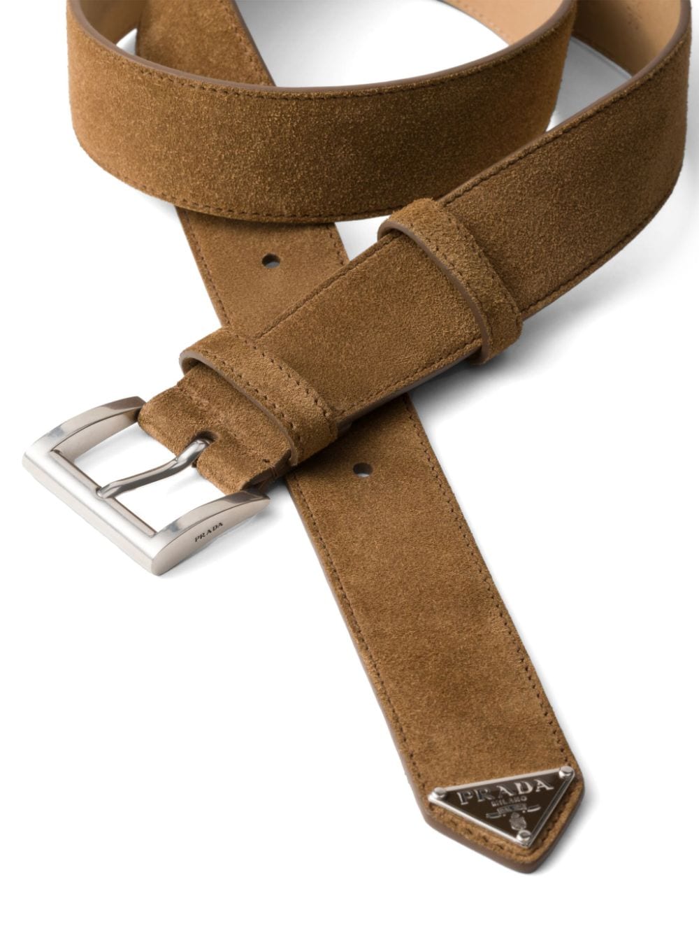 Shop Prada Enamel-logo Suede Belt In Brown