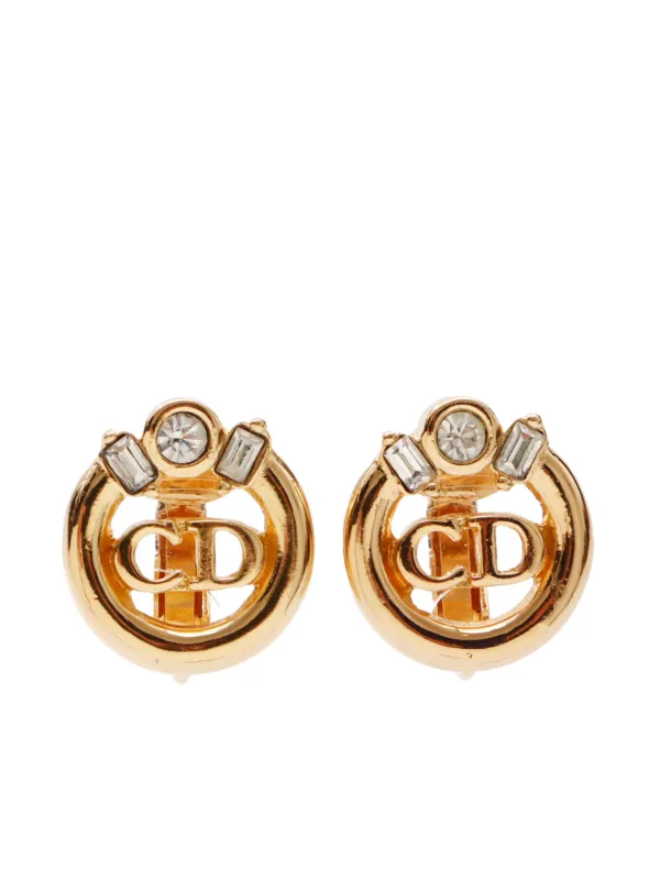 Christian Dior Gold Plated CD logo Round Earrings W/Storage