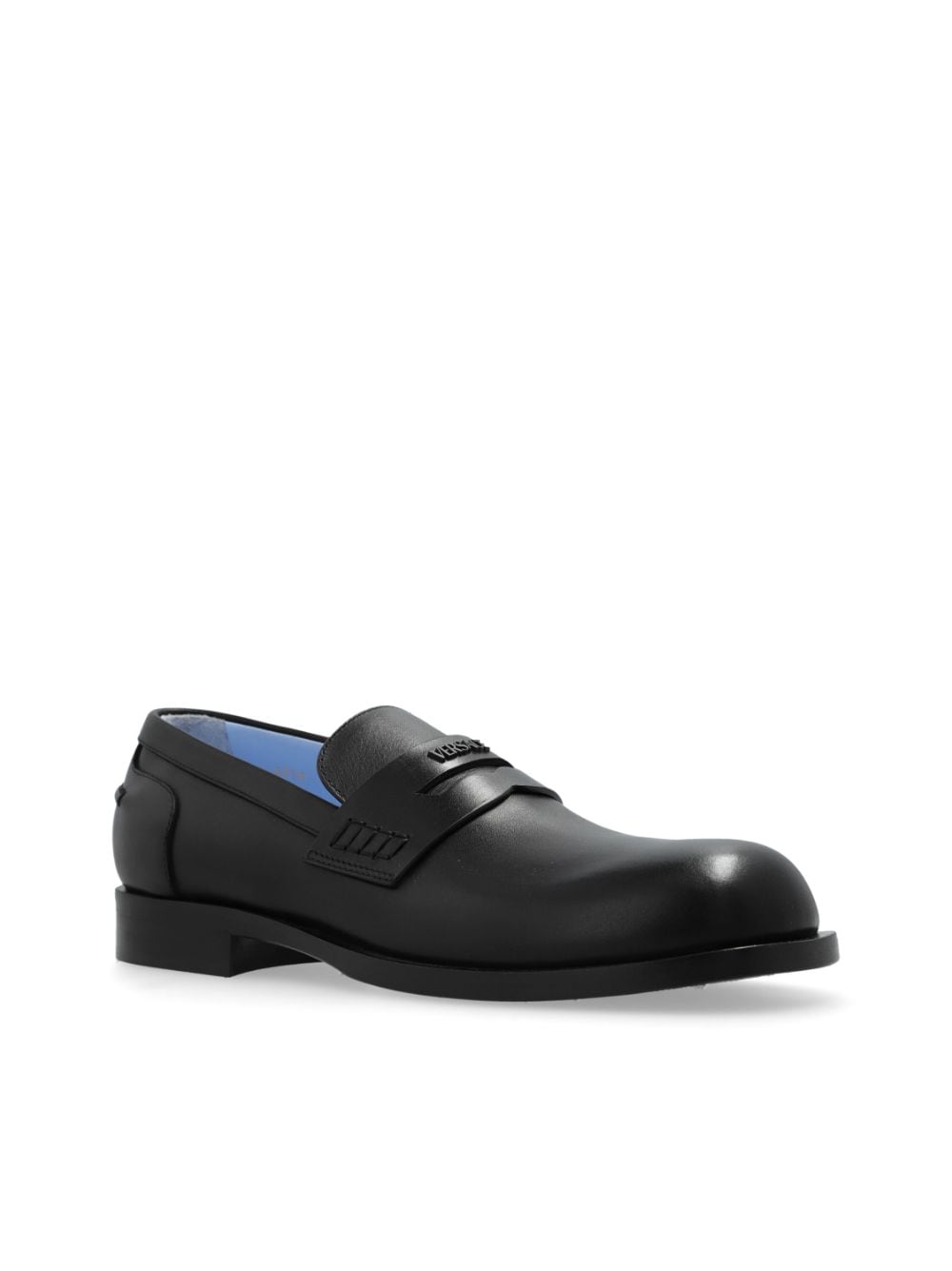 Shop Versace Logo Embossed Loafers In Black