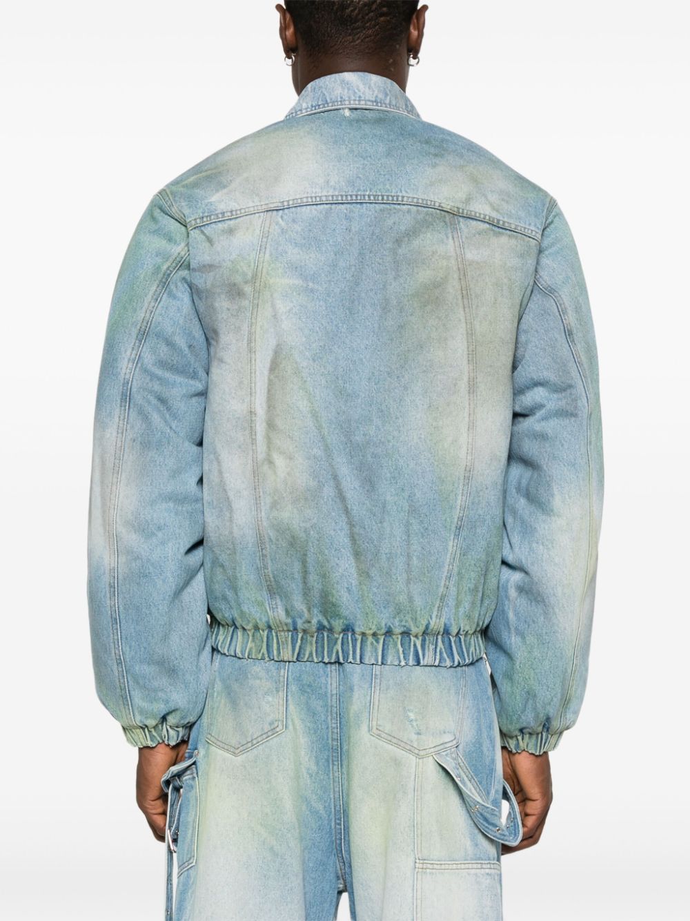 Shop Egonlab Denim Bomber Jacket In Blue