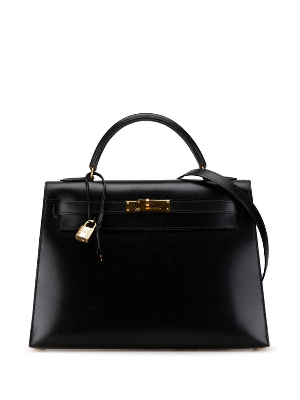 Pre-owned Hermes 1995 Box Calf Kelly Sellier 32 Satchel In Black