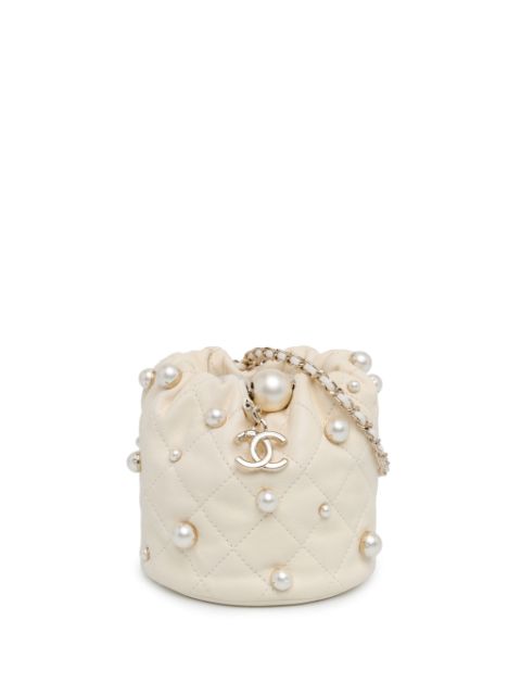 Cheap HOT SALE CHANEL 2021 Mini Quilted Lambskin About Pearls Drawstring bucket bag Women