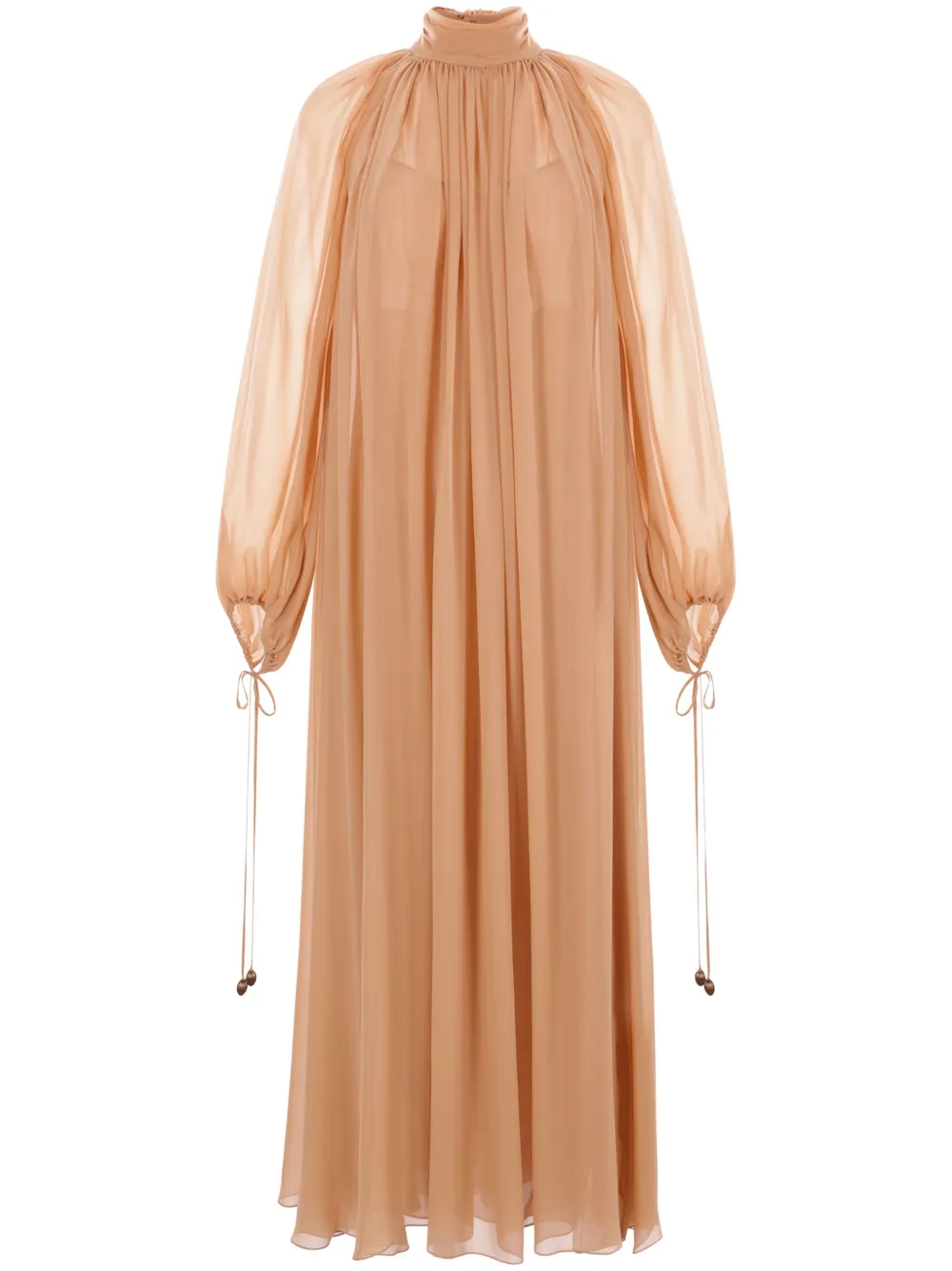 Chloé High-neck Tie Long-sleeve Silk Gown In Beige