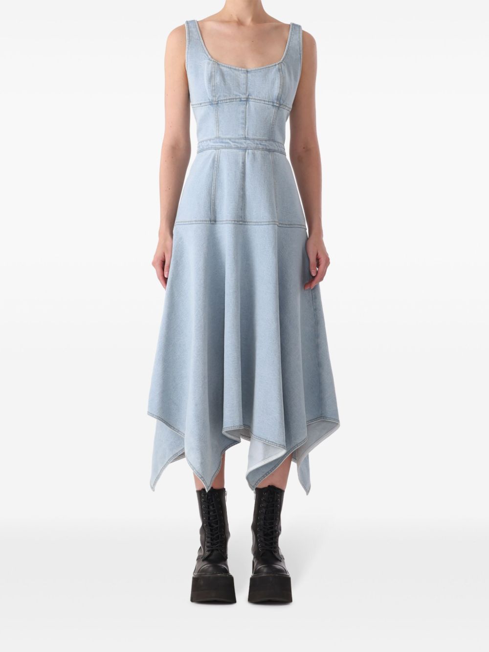 asymmetric-hem denim midi dress