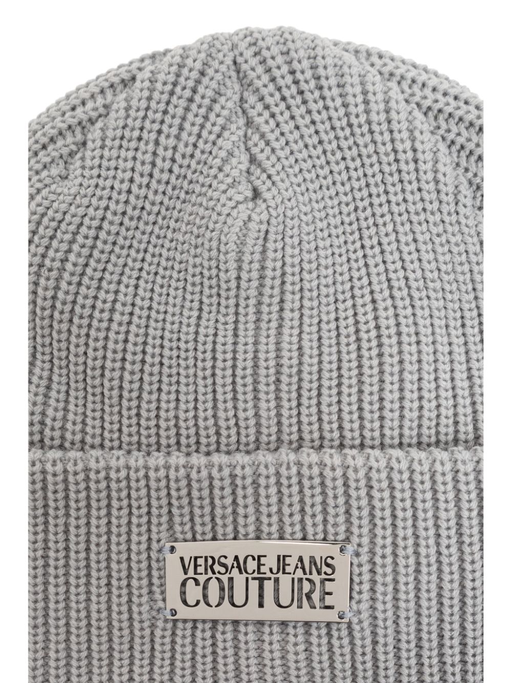 Shop Versace Jeans Couture Logo-plaque Knitted Beanie In Grey