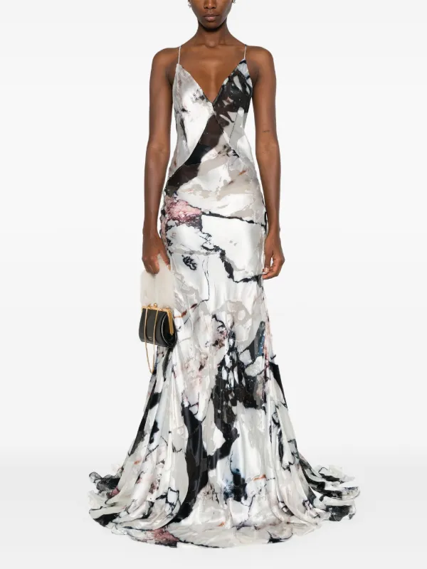 ワンピース ROBERTO CAVALLI MARBLE PRINT SILK LONG DRESS Roberto Cavalli marble-pattern Maxi Dress | White | FARFETCH GE