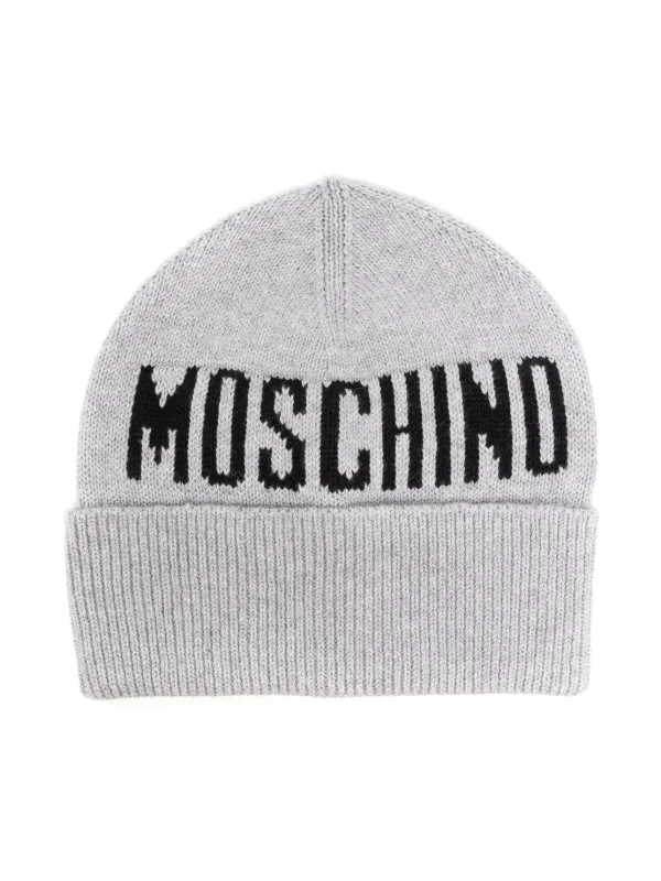 Moschino Kids intarsia-logo Beanie Hat Grey FARFETCH IN