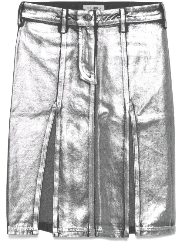 The Attico Coated Denim Midi Skirt in Silver