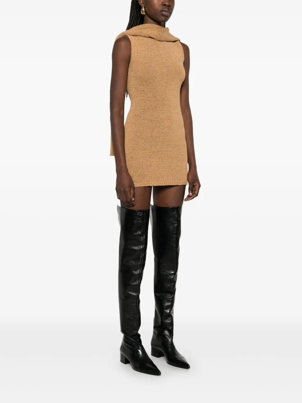 Shop Aya Muse Hooded Knitted Mini Dress In Brown