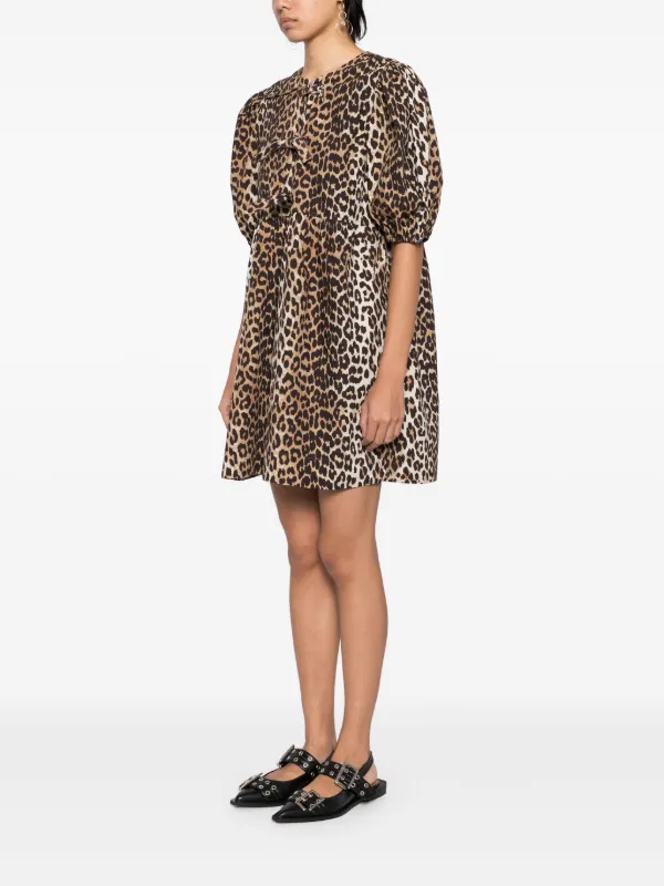 GANNI Leopard Printed Cotton Mini Dress | Brown | FARFETCH