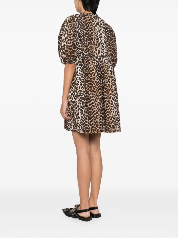 GANNI Leopard Printed Cotton Mini Dress Brown FARFETCH IN