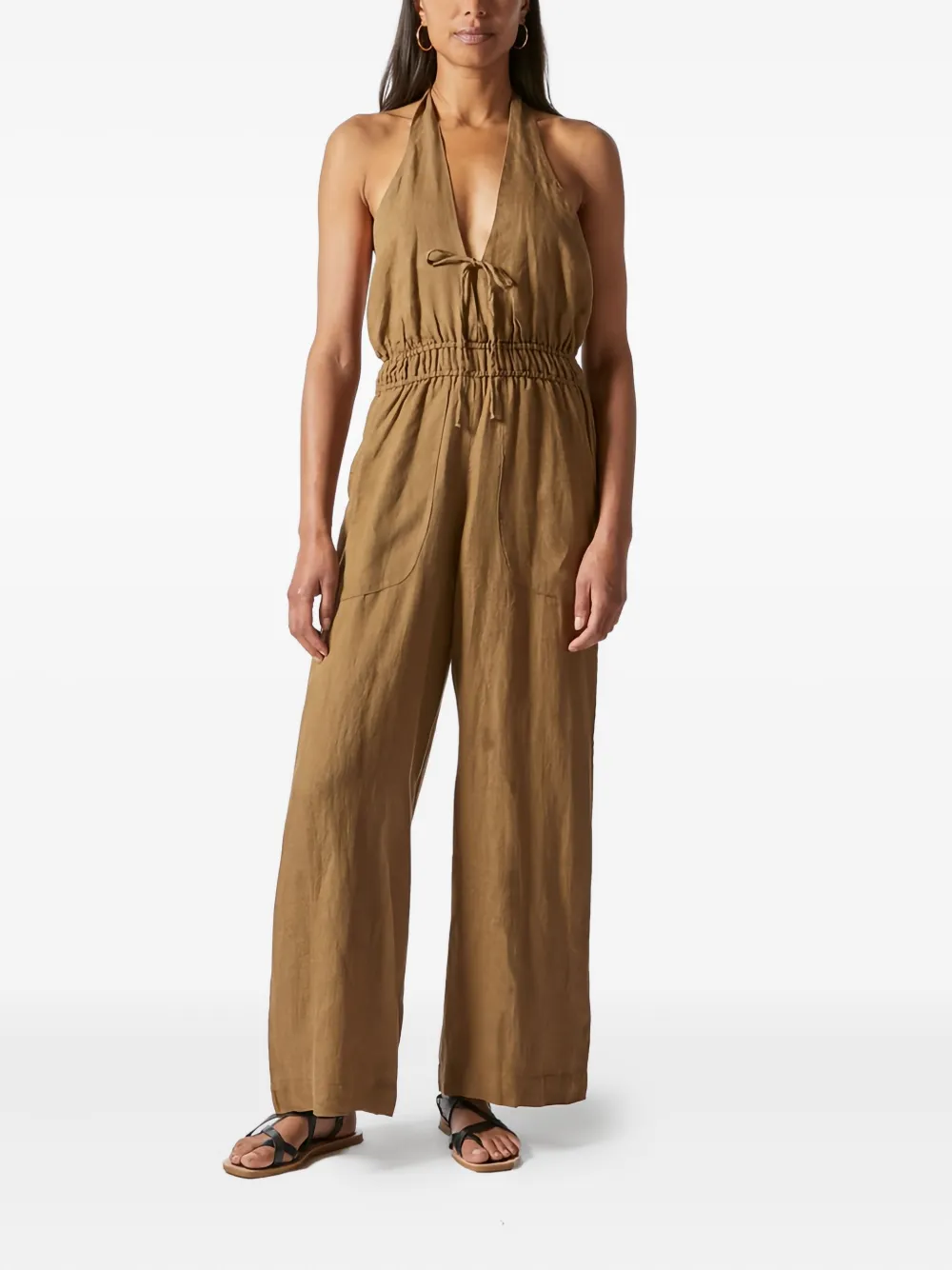 Casa Raki Halterneck Linen Jumpsuit In Brown
