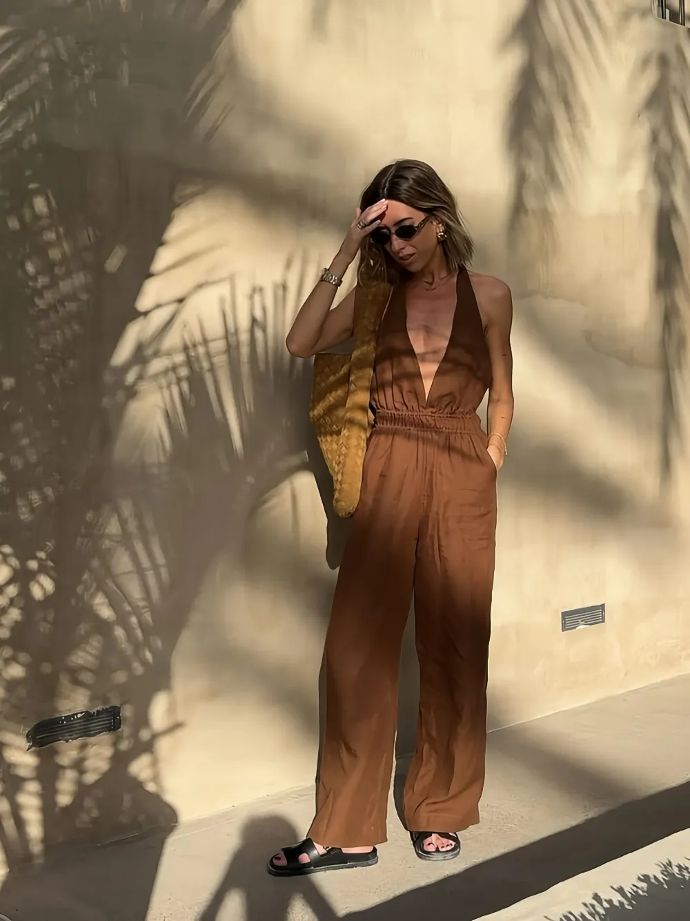 Casa Raki Halterneck Linen Jumpsuit In Brown