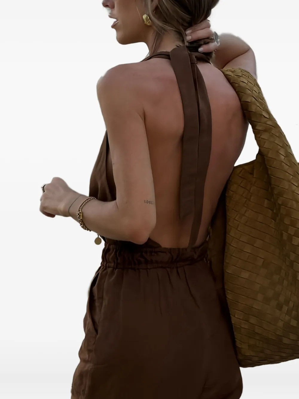 Casa Raki Halterneck Linen Jumpsuit In Brown