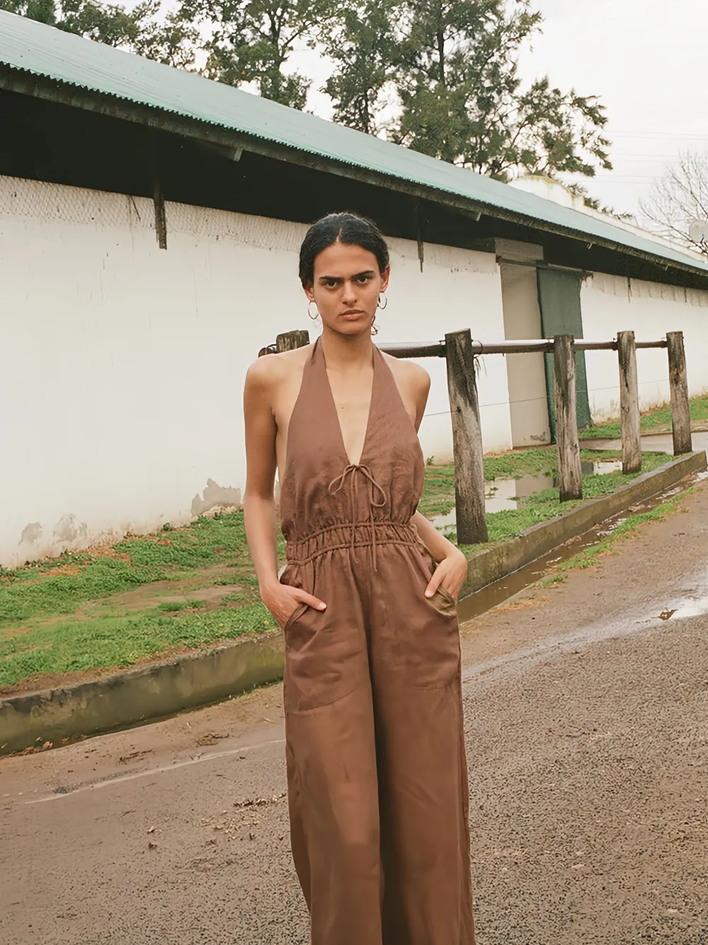 Casa Raki Halterneck Linen Jumpsuit In Brown