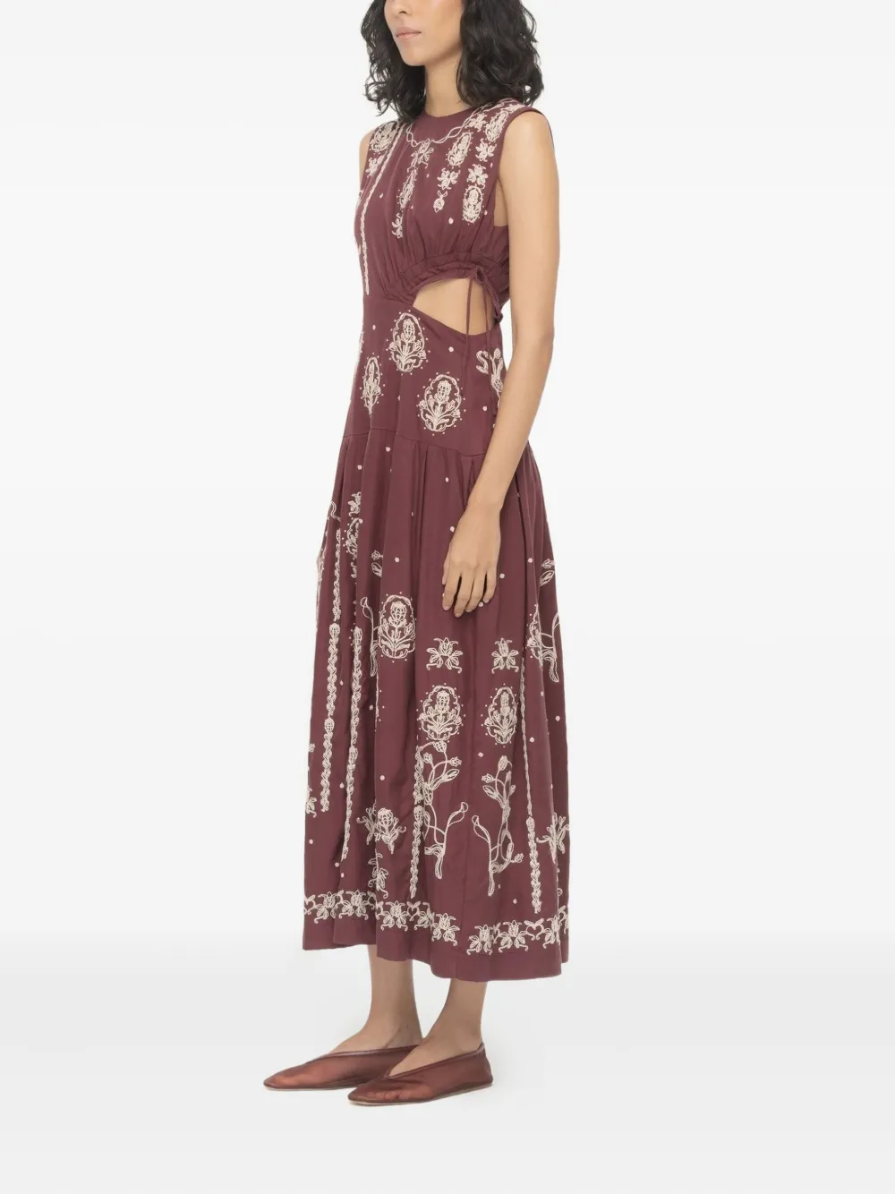 Agua By Agua Bendita Embroidered-flowers Cut-out Midi Dress In Burgundy