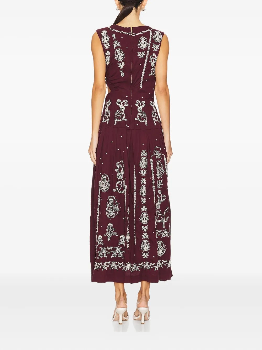 Agua By Agua Bendita Embroidered-flowers Cut-out Midi Dress In Burgundy