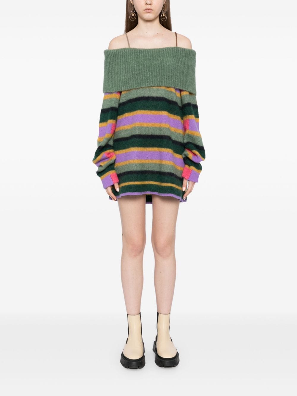 Shop Yanyan Knits Striped-pattern Jacquard Jumper In Green