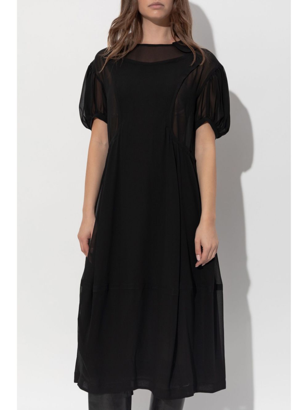 Shop Comme Des Garçons Comme Des Garçons Semi-sheer Puff Sleeves Midi Dress In Black