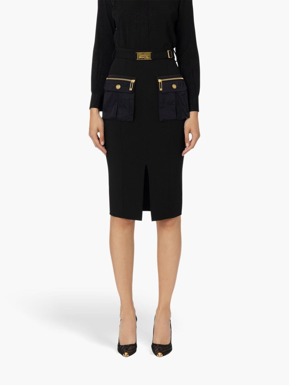 Shop Elisabetta Franchi Crepe Midi Skirt In Black