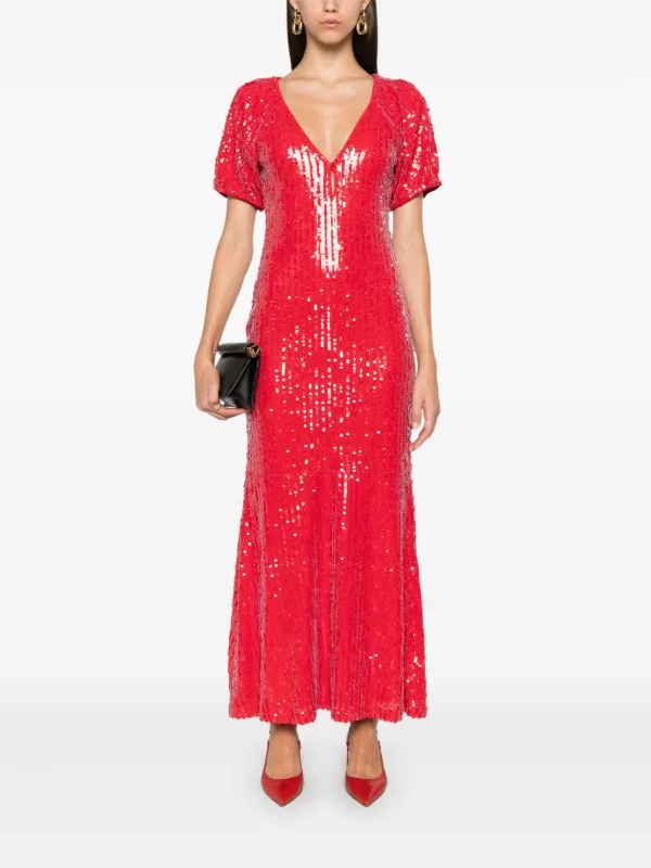 ROTATE BIRGER CHRISTENSEN Sequins V-neck Midi Dress | Red