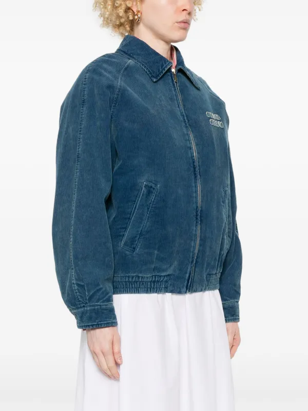 Miu Miu logo-appliqué Corduroy Bomber Jacket | Blue | FARFETCH