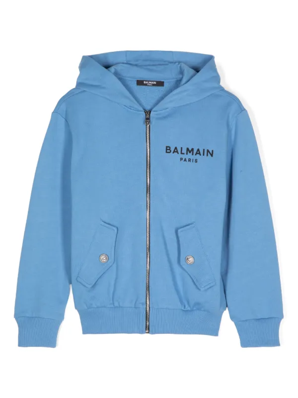 Blue Balmain Kids Hoodie Balmain Kids Logo Print Cotton Zip-up