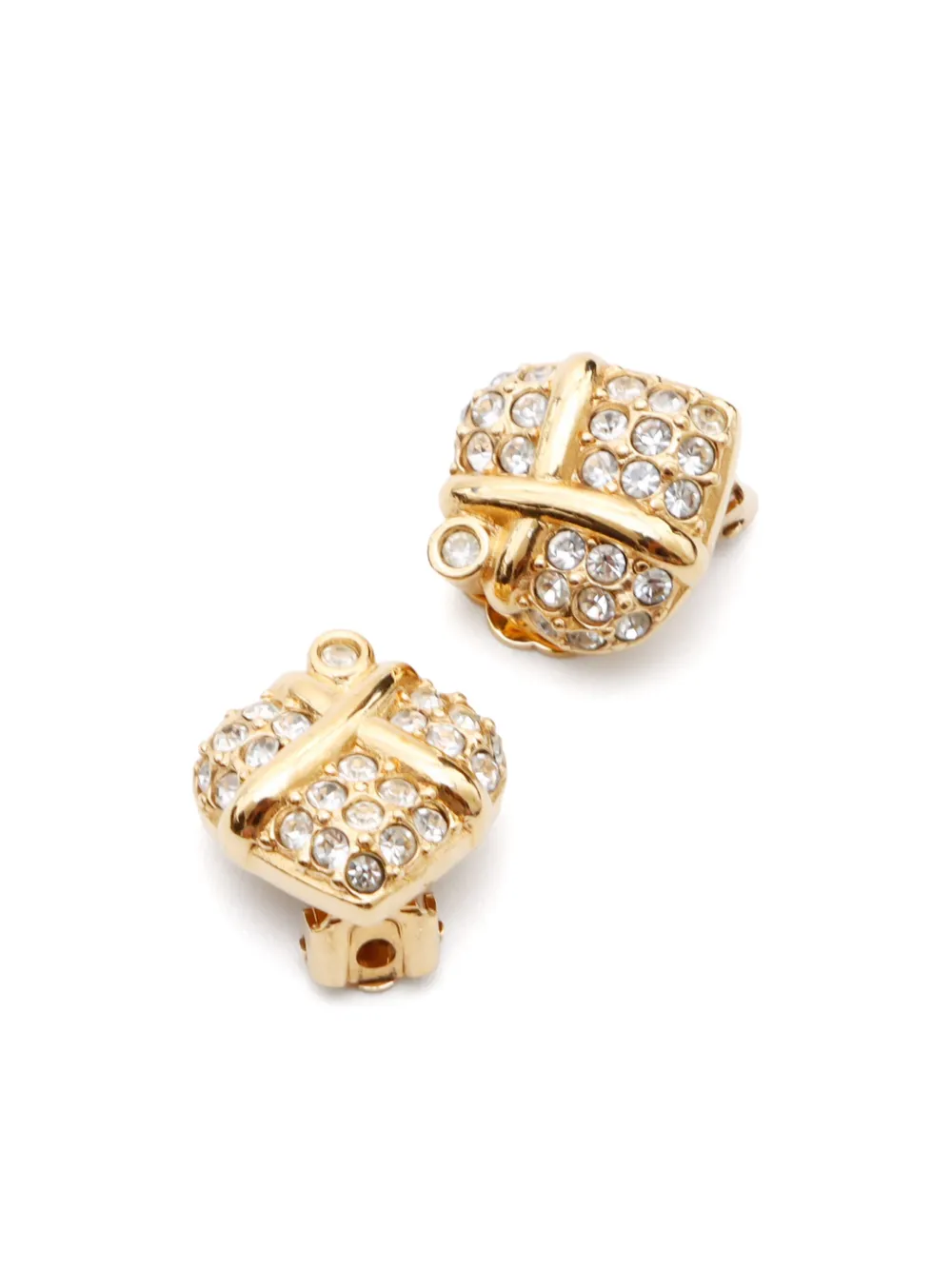 Pre-owned Dior Rhinestone-embellished Stud Clip-on Earrings In Gold