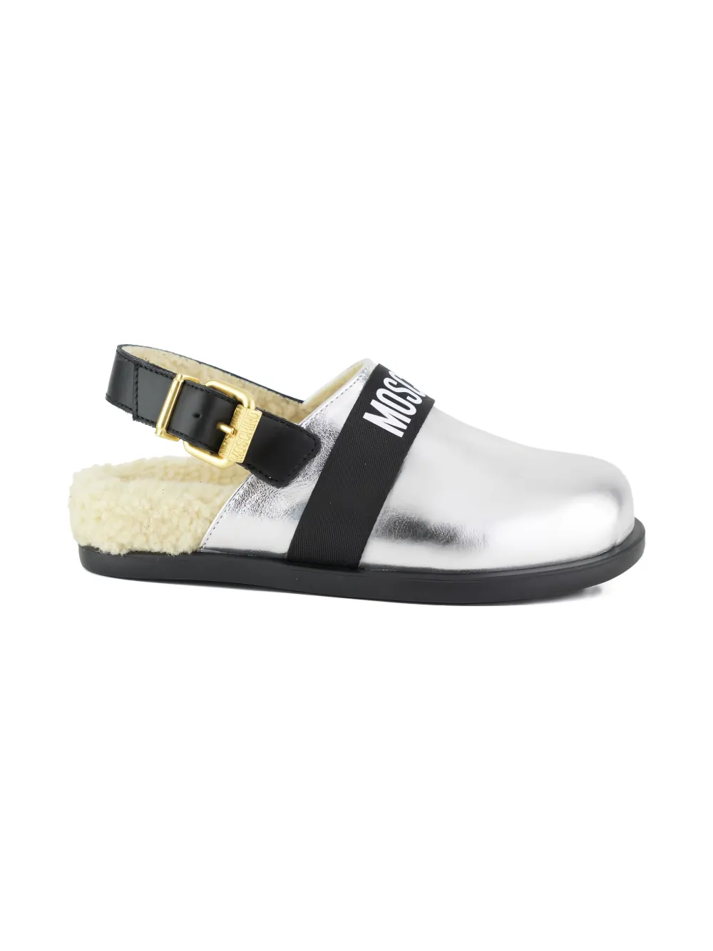 Moschino Kids' Buckle-strap Metallic Leather Mules In Silver