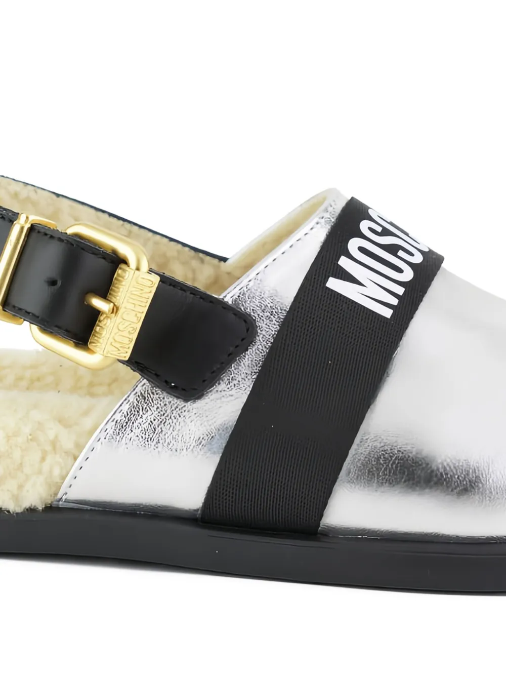 Moschino Kids Metallic leren muiltjes met gespbandje Zilver