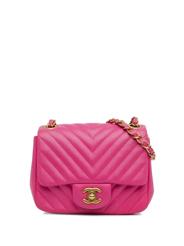 Chanel Pre owned 2015 2016 Mini Square Classic Lambskin Chevron Flap Crossbody Bag Pink