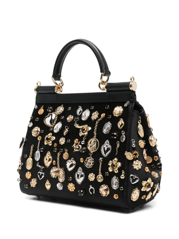 Dolce Gabbana small Sicily tote bag women Brass glass Silk Viscose Calf Leather Hematite One Size Black