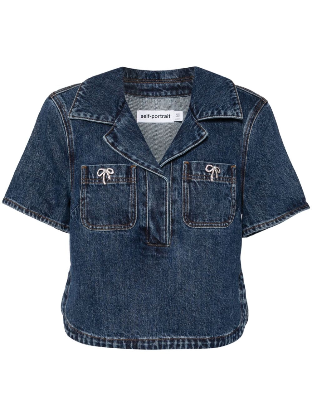 Self-Portrait bow trim denim top - Blu