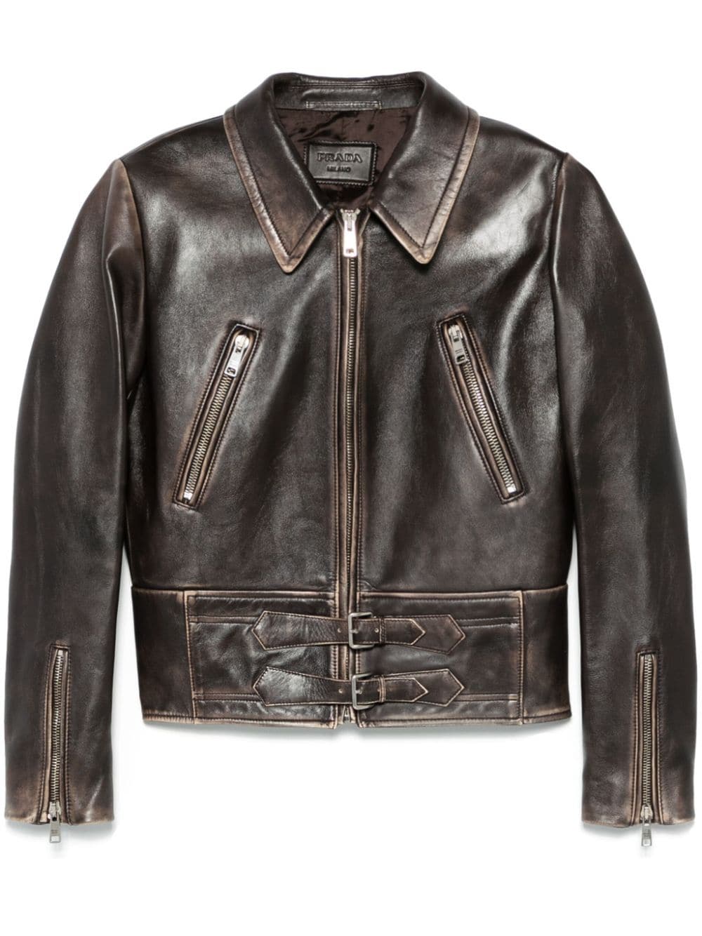 Shop Prada Leather Jacket In Brown