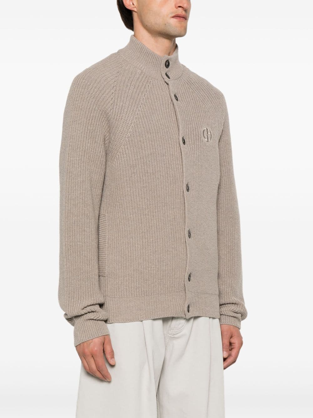 Shop Giorgio Armani Embroidered-logo Cardigan In Brown