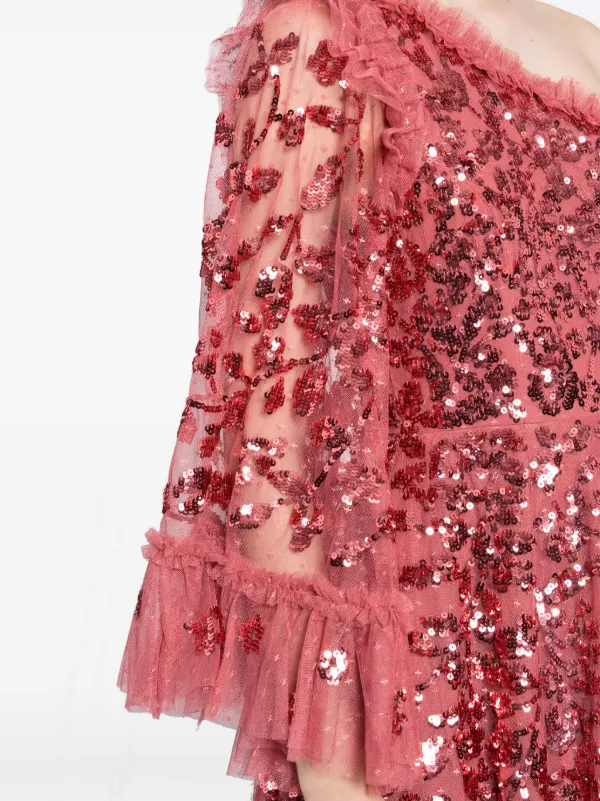 Needle Thread Falling Leaves One-shoulder Ankle Gown Pink