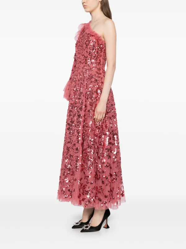 Needle Thread Falling Leaves One-shoulder Ankle Gown Pink