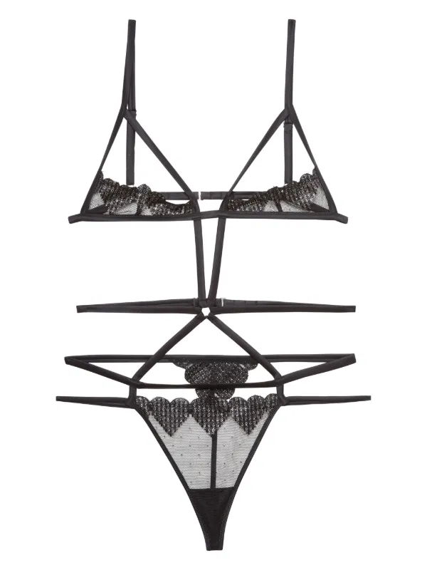 Fleur Du Mal Heart Embroidered Ouvert Bondage Bodysuit Black