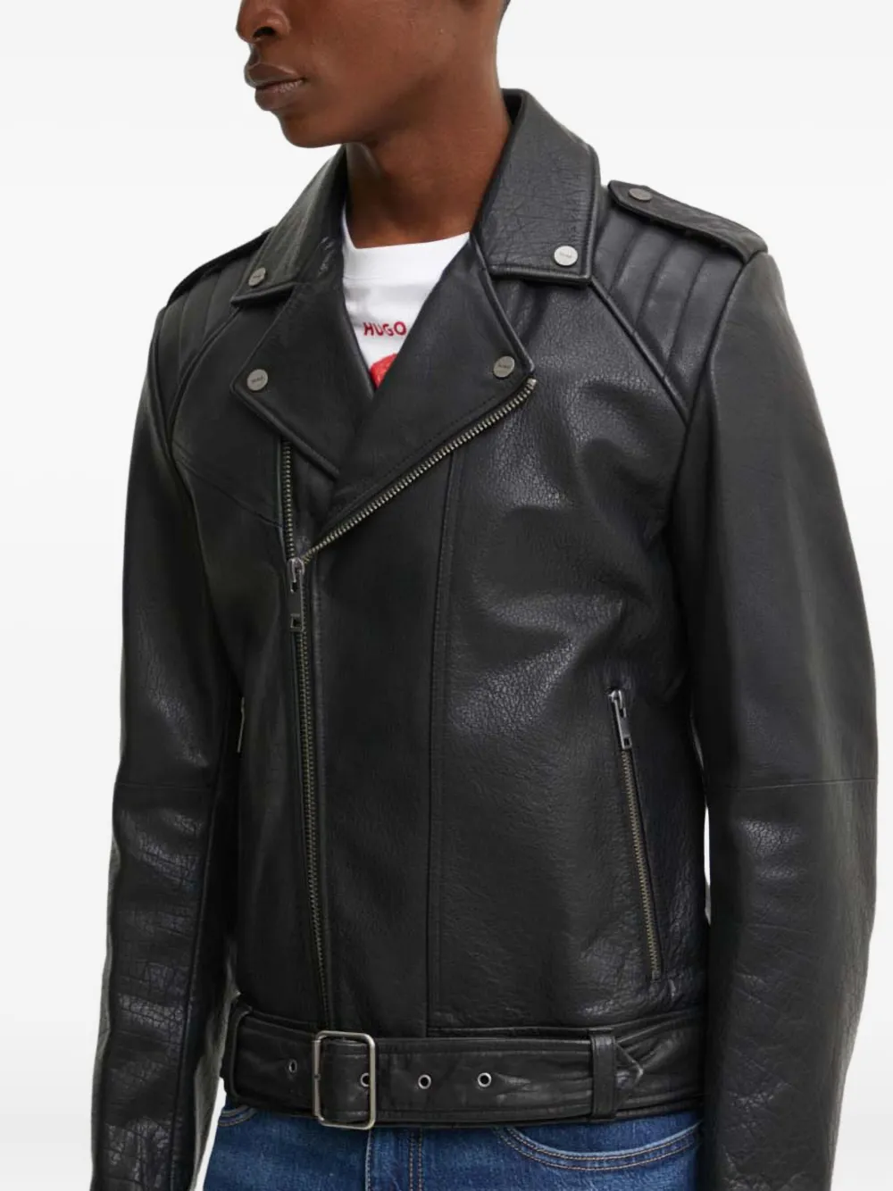 Hugo Boss Zip-fastening Leather Biker Jacket In Black