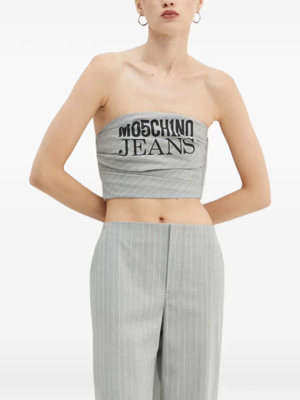 MOSCHINO JEANS pinstripe-pattern logo-print bandeau top - Grigio