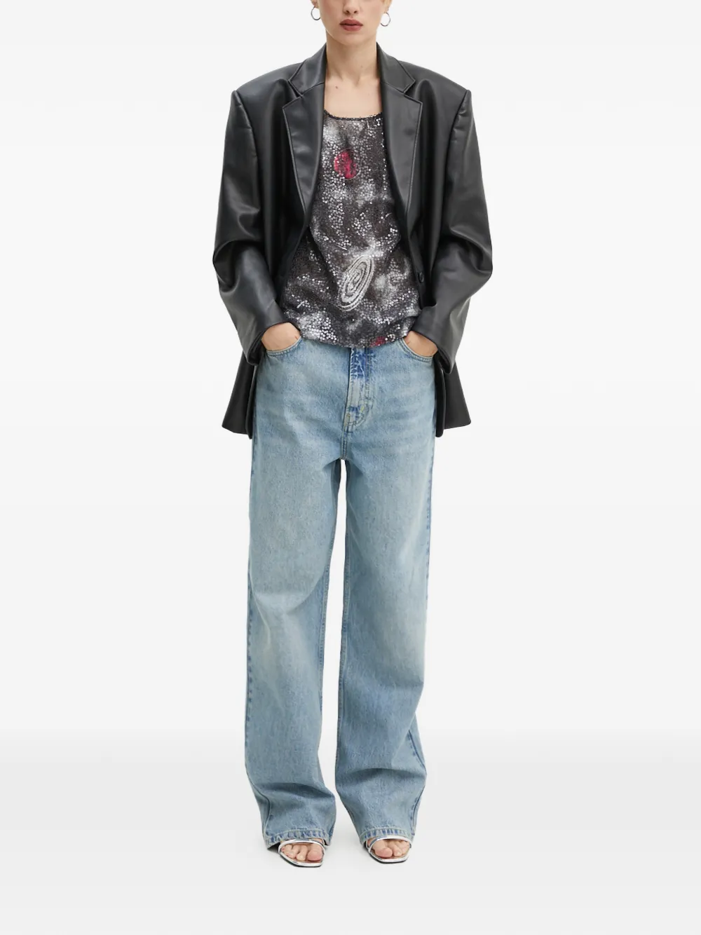  Moschino Jeans Sequin Graphic Print Top - Black 